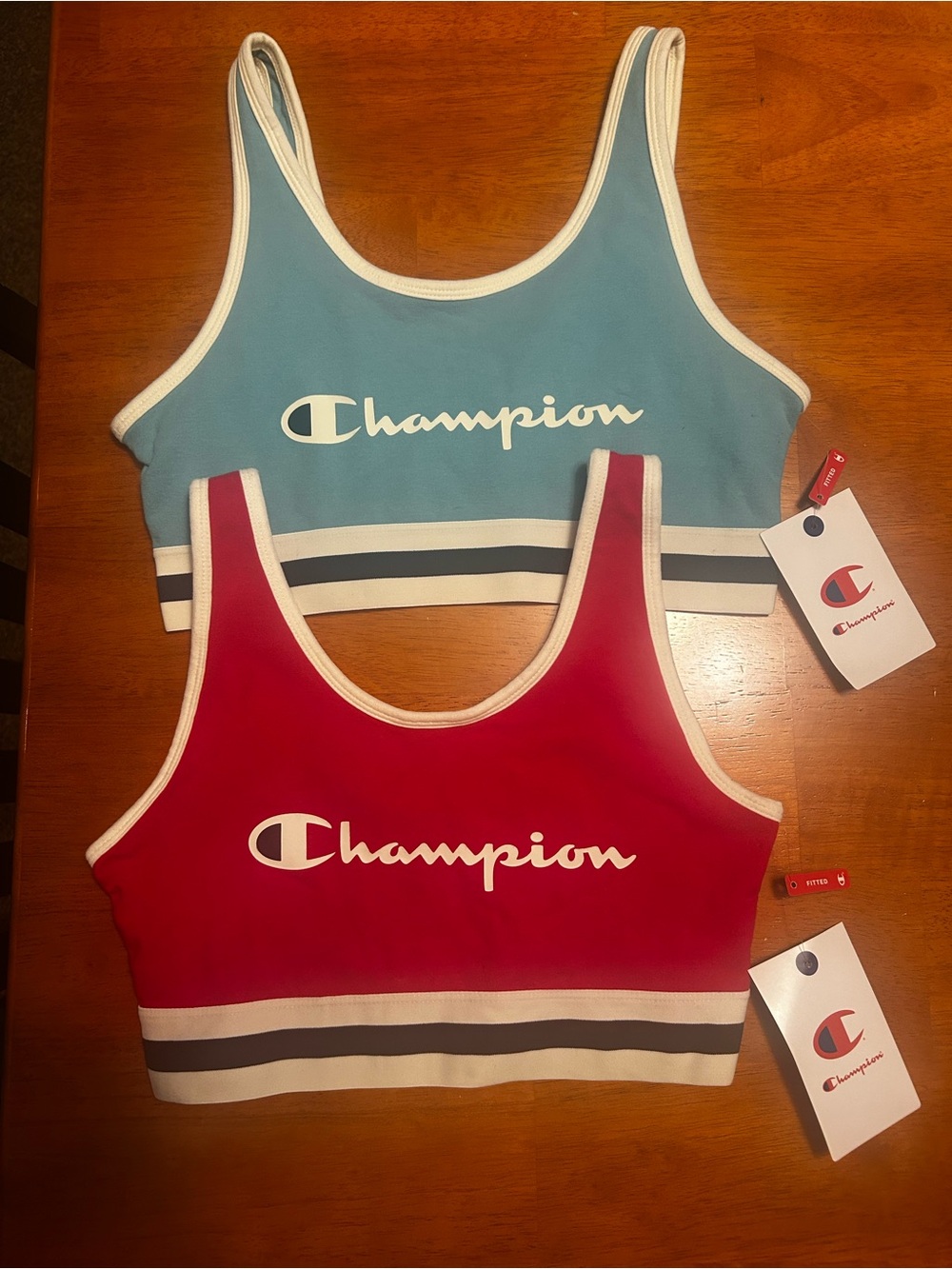 Champion Scoop Sports Crop Tops in Red and Light Blue